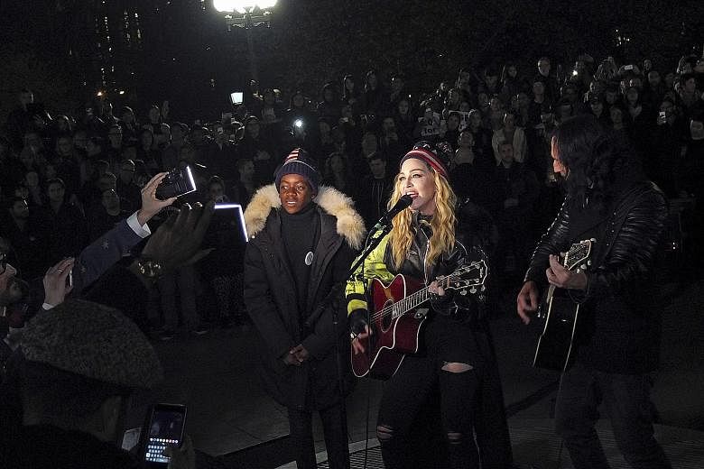 Madonna played a surprise concert in support of Democratic presidential nominee Hillary Clinton in Manhattan on Monday, the eve of Election Day.