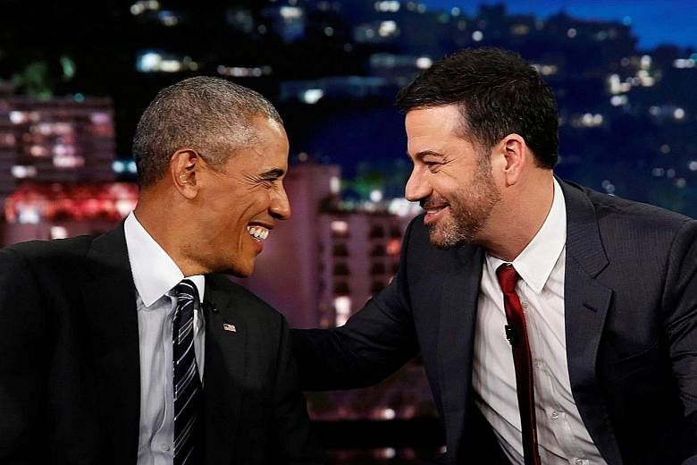US President Barack Obama with television host Jimmy Kimmel during a break in the taping of the Jimmy Kimmel Live! show.