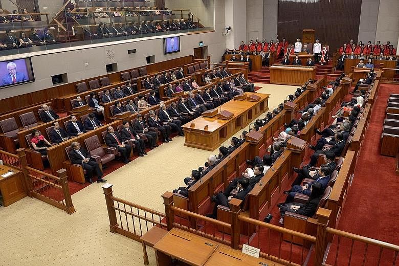 President Tony Tan Keng Yam addressing the 13th Parliament at its opening session on Jan 15. Yesterday, PM Lee stressed the importance of the elected presidency as a safeguard in the political system, during the second day of debate in Parliament on 