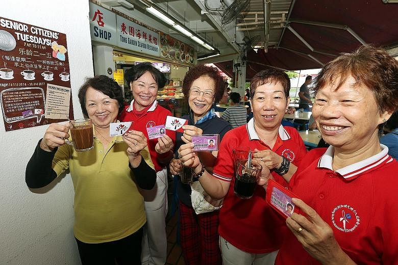 Enjoying their discounted cuppa on Tuesday at Everyday Come Coffee Shop in Tampines Street 43 are (from left) Madam Koh Lang Gheng, 70, Madam Koo Lan Che Mui, 70, Madam Sim Soo Wee, 81, Madam Eva Chia, 62, and Madam Lee Han Yuen, 62.