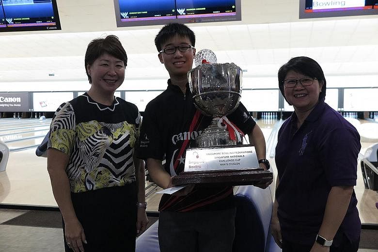 Yesterday's 47th Singapore National Bowling Championship saw Cheah Ray Han, 16, become the youngest men's champion when he beat Hairon Awang 237-186 in the deciding second game of the step-ladder finals. Tracy See defended her women's Open crown succ