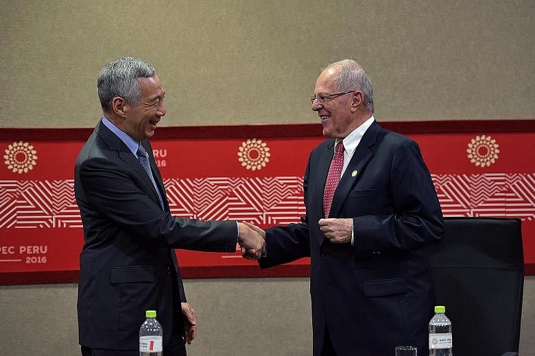 PM Lee meeting Mr Kuczynski in Peru on Friday. The two leaders affirmed Singapore-Peru ties.