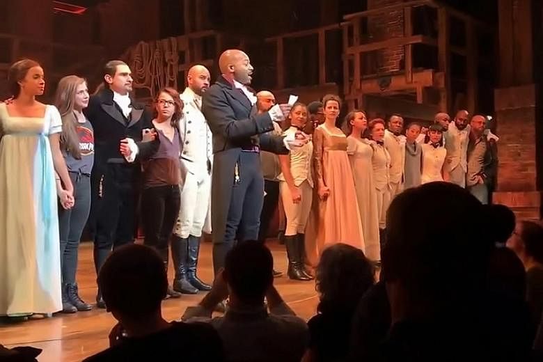 The cast of Hamilton making their appeal to Mr Pence, urging him and Mr Trump to "uphold our American values" and "work on behalf of all of us".