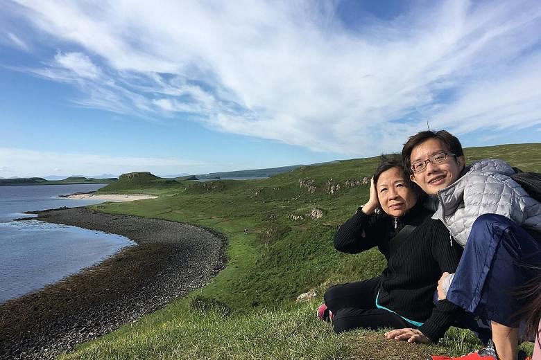 Mr Ng with his mother, Madam Ang Gek Hong, in Scotland. One of his passions is exploring new places on foot.