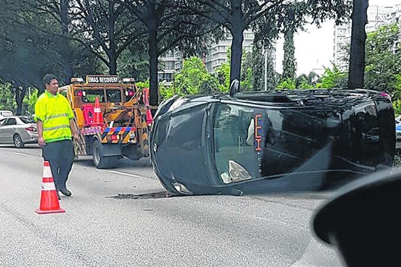 A car flipped on its side on the Central Expressway yesterday morning, leading to congestion along a 5km stretch of the expressway. The driver, a man in his 20s, declined to be taken to hospital.
