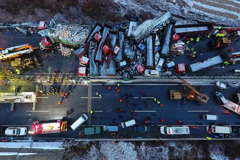 A huge pile-up on a Chinese expressway killed at least 17 people on Monday when 56 vehicles crashed into one another. Another 37 injured people were stable after treatment, official news agency Xinhua reported. The accident happened in snow and rainy