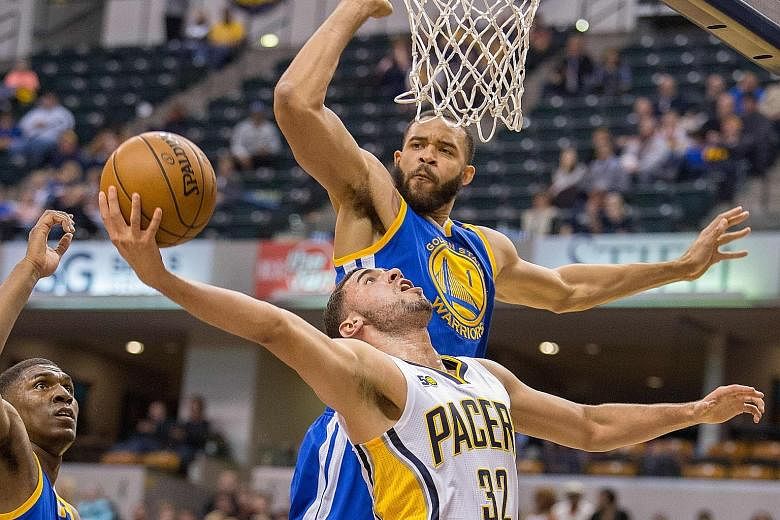 Golden State Warriors centre JaVale McGee blocking Indiana Pacers forward Georges Niang's attempt for an easy two points from under the rim. Golden State beat Indiana 120-83 with coach Steve Kerr purring over the number of rejections his team dished 