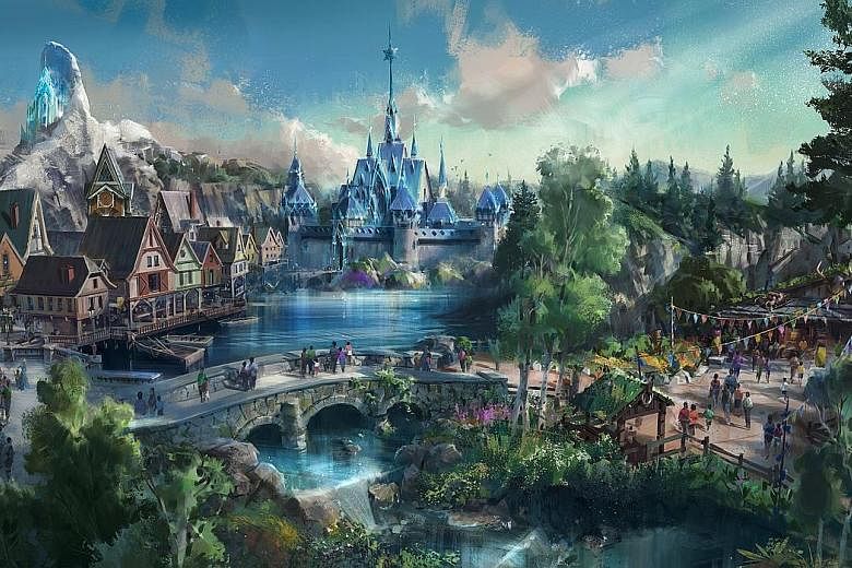 An artist's rendering of the upcoming Frozen themed area at Hong Kong Disneyland, modelled after the snow-dusted Arendelle kingdom in the 2013 animated movie.