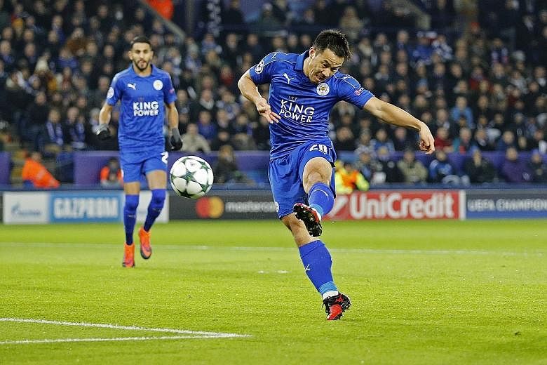 Shinji Okazaki scores the first goal for Leicester City in the 2-1 victory against Club Brugge in the Champions League Group G match at the King Power Stadium on Tuesday. The victory sent the Foxes through to the last 16 in Europe.