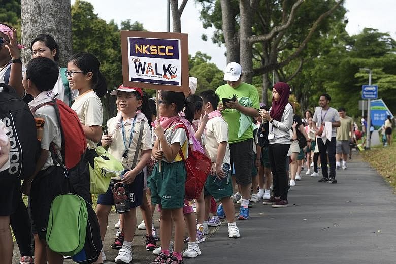 About 550 pupils, parents and teachers took part in a 3km charity walk yesterday that raised $7,000 for the Cerebral Palsy Alliance Singapore. The primary school pupils were from 12 student care centres operated by private education company Mercu Lea