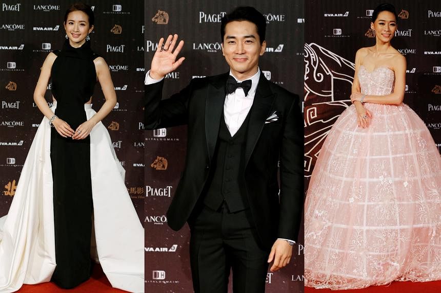 Left: Taiwanese actress Ariel Lin is sweet in a romantic Vera Wang gown with clean lines. Centre: Genetically blessed man (South Korean actor Song Seung Heon) in a suit. Let the swooning begin. Right: Someone free Taiwanese actress Wu Ke-xi from her pink 