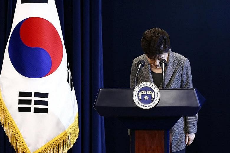 South Korean President Park Geun Hye, who has seen her approval ratings plunge to a record low of 4 per cent in the wake of a widening influence peddling scandal, apologised for a third time yesterday in a brief televised speech. While she said sorry