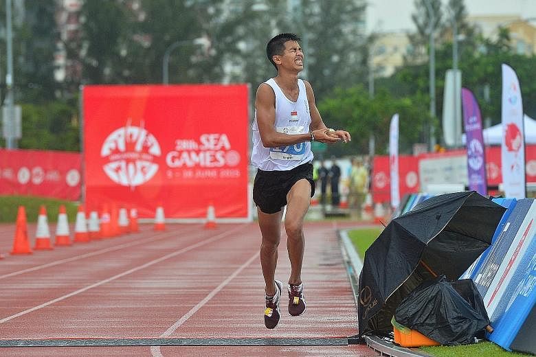 Clockwise from left: Ashley Liew crossing the finishing line in eighth spot in last year's SEA Games marathon. 2013 SEA Games marathon champion Mok Ying Ren has scaled down his training from twice to once a day owing to work and is using the SCMS to 