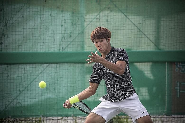 Lee Duck Hee, a professional tennis player who is deaf, playing a match in the National Sports Festival in Asan, South Korea. The 18-year-old ranks 143rd in the world in a sport in which hearing the ball is considered crucial.