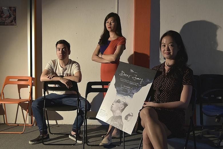From left: Dear Jay's producer Benedict Leong, director Hazel Ho and playwright Euginia Tan. The play was inspired by Mr Leong and Ms Tan's correspondence with each other on their experiences with mental health. Mr Leong also acts as the play's chara
