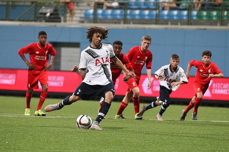 Spurs midfielder Nya Kirby taking a penalty during the Lion City Cup final between Tottenham Under-15s and Liverpool U-15s at Jalan Besar Stadium in August last year. He was named Player of the Tournament.