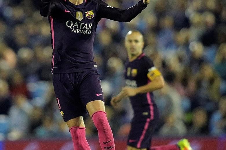 Barcelona star Gerard Pique celebrates scoring against Celta Vigo. Barca lost that La Liga match last month 4-3 - their second league defeat this term. They head into Saturday's El Clasico six points behind Real Madrid.