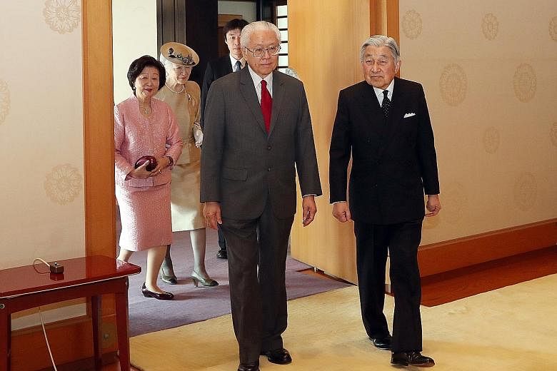 President Tony Tan Keng Yam and his wife, Mary, with Emperor Akihito and Empress Michiko in Tokyo yesterday. Dr Tan, who is on a nine-day state visit to the country, said Singapore and Japan can "reflect with great pride and satisfaction" over the la