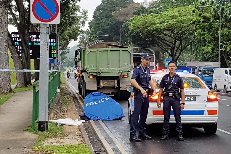 Police were alerted to the accident in Woodlands Centre Road yesterday at 5.58am. The motorcyclist was pronounced dead at the scene and the tipper truck driver was arrested for causing death by a negligent act.