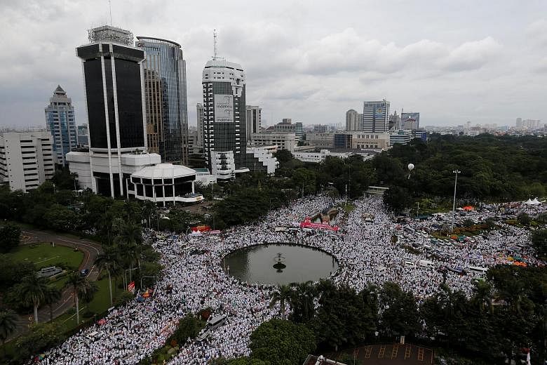 The rally at the National Monument in Jakarta yesterday was relatively peaceful even as thousands were forced to spill onto the streets due to the huge turnout. It was the third and largest protest against Basuki, widely known as Ahok, who was named 