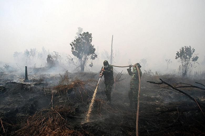 Indonesian soldiers trying to extinguish a peat fire in Kampar, Riau province, in October. The blanket ban on the cultivation of carbon-rich peatland across the country takes effect immediately.
