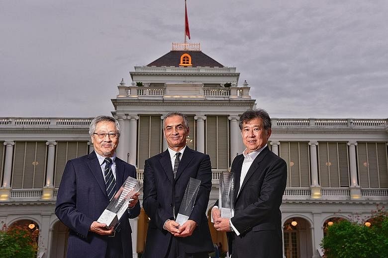 From far left: Architect Raymond Woo, design engineer Hossein Rezai, and architect Rene Tan received the Designer of the Year awards at the President's Design Award last night. Dr Rezai is a chartered civil and structural engineer who works closely w