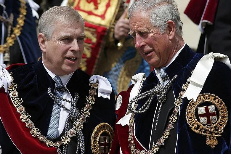 Prince Andrew (far left) and Prince Charles at the Most Noble Order of the Garter Ceremony at Windsor Castle last year. Prince Andrew has lashed out at media speculation on alleged tension between the brothers over his daughters' royal duties.