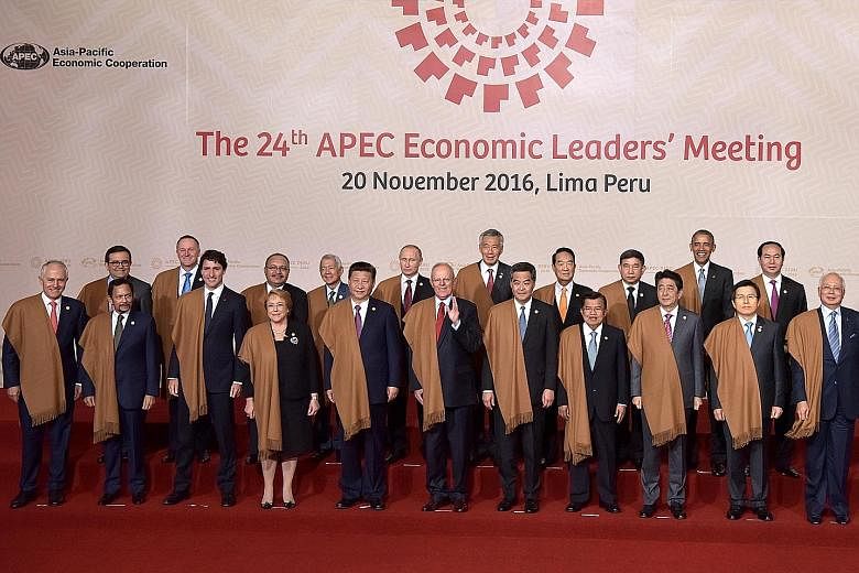 Prime Minister Lee Hsien Loong (back row, sixth from left) with other world leaders in Lima, Peru, last month. He said at the Apec Summit that it is not enough to just educate people about globalisation's benefits, but where there is economic deterio