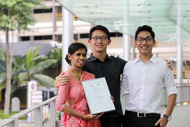 Ms Indrani with her employer's sons, Justin (in black) and Joshua Seah. She was able to overcome many barriers with the family's help, even learning English from scratch. Ms Kanthi with Madam Goh, who took care of the maid after a major operation and
