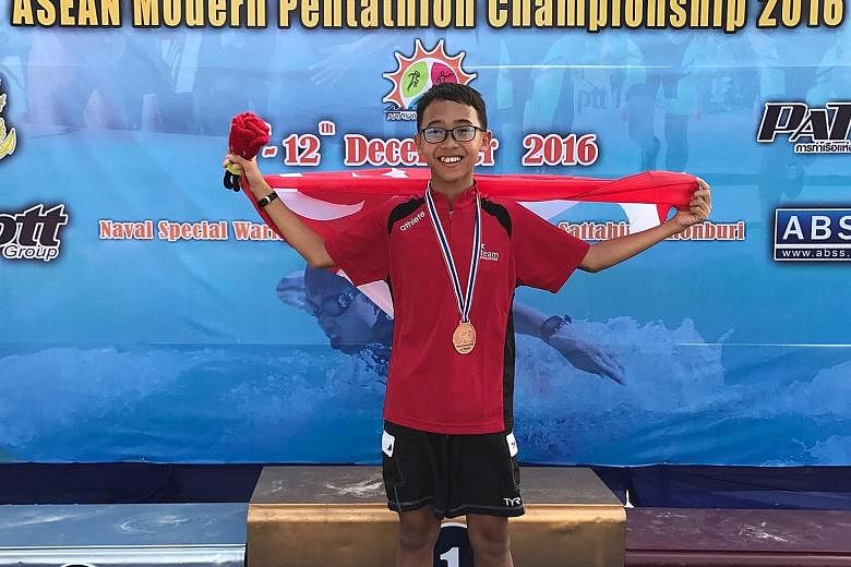 Ian Nazwa, 13, won a bronze medal in the individual youth category of the Asean Modern Pentathlon Championship, which took place in Thailand last weekend. Team Singapore returned with one bronze medal in the individual youth category and two silver m