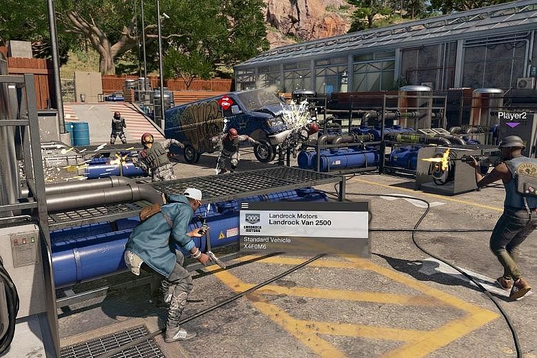 A screenshot of Watch Dogs 2. The main aim of the game is to help a fictional computer hacking syndicate take down a large corporation.