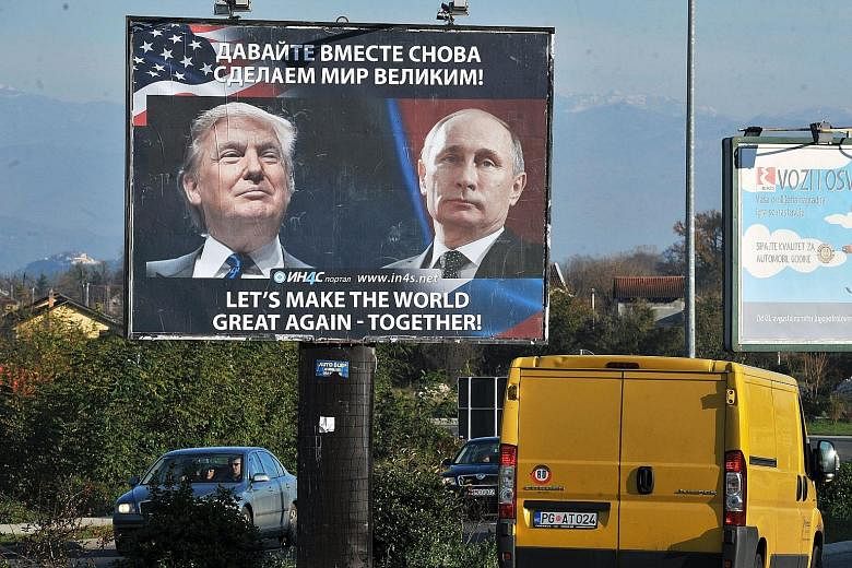 A billboard of Mr Trump and Russian President Vladimir Putin in the town of Danilovgrad in central Montenegro. According to US intelligence, Moscow had intervened in the US election on Mr Trump's behalf.