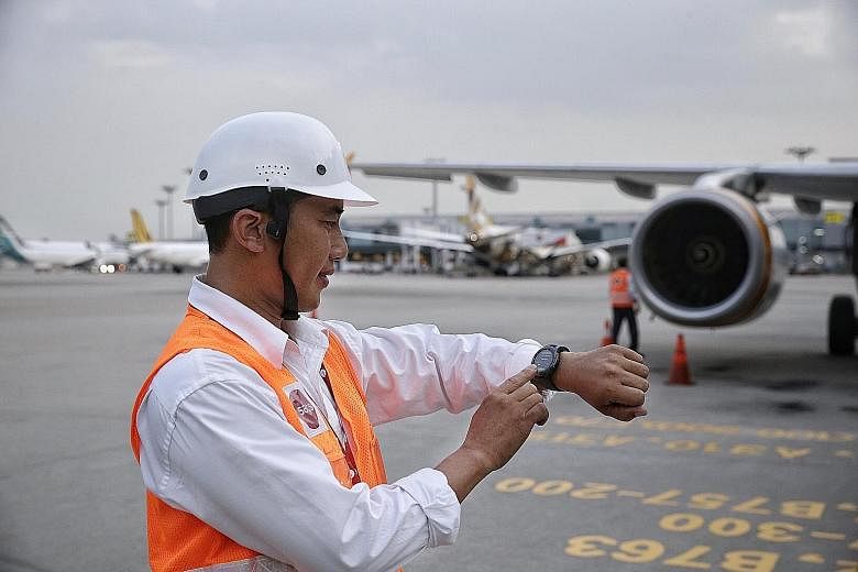 A technical ramp duty manager using a smart watch that is matched to a bone-conductor headset fitted under the sides of his safety helmet. The system increases safety by allowing hands-free calls.