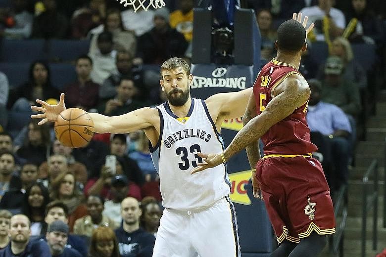 Memphis Grizzlies centre Marc Gasol stealing a pass by Cleveland Cavaliers guard J.R. Smith in the first quarter at FedExForum in Tennessee. The Spanish international posted a double-double with 17 points and 11 rebounds, as hosts Memphis won 93-85. 