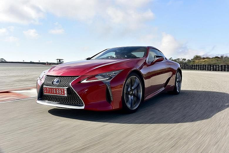 The Lexus LC sports a chrome-finished spindle grille, arrowhead LED headlights and L-shaped tail-lamp clusters.