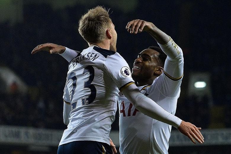 Danish midfielder Christian Eriksen celebrating scoring Spurs' first goal with English defender Danny Rose in their 3-0 home league win over Hull in midweek. Manager Mauricio Pochettino says the team need to wipe out any negative thoughts after their
