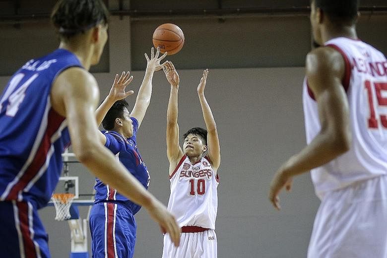 Singapore Slingers forward Leon Kwek launching a shot during their 71-68 victory over the Alab Pilipinas at the OCBC Arena last Sunday. The national player has shown maturity in his performances this season, helping the 2015-16 beaten finalists to a 