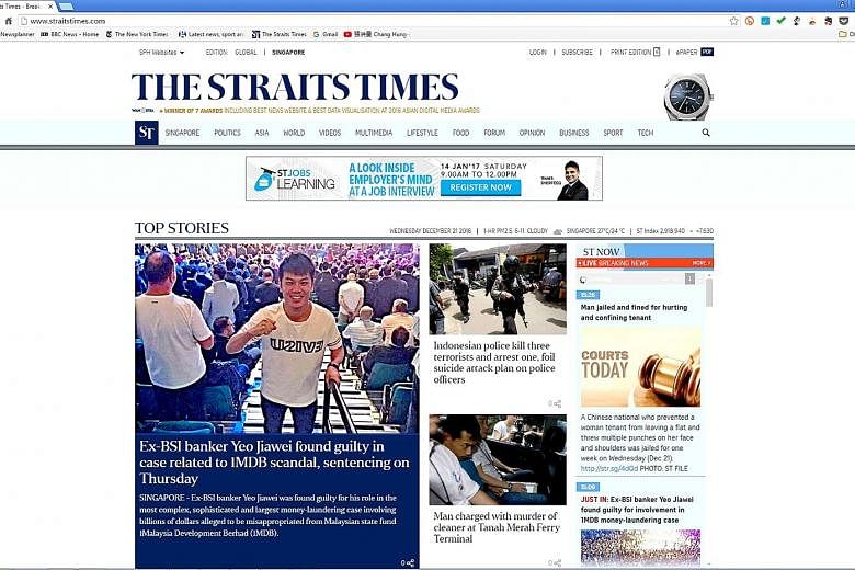 The Straits Times website (above) took top spot in the local news and current affairs category, while online news portal AsiaOne - another website in the SPH stable - came in third.