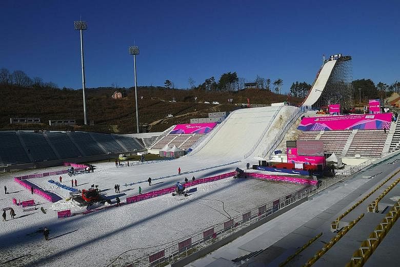 Singapore short-track speed skater Lucas Ng's last event of the year was the ISU World Cup in Gangneung - the 2018 Olympic test event. Snowboarders checking out the jump slope during a practice session for the FIS Snowboard World Cup Big Air event at
