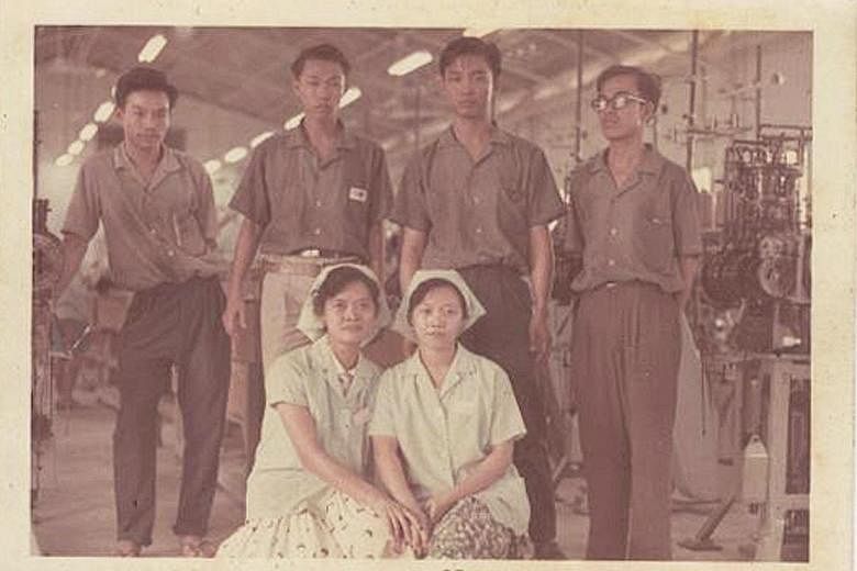 Above: Mr Fong (third from right) and his former colleagues at an RC centre in Boon Lay. Mr Sin (in pink), who now lives in Perth, was back for a visit. Left: Swan Socks workers at the factory's knitting department in 1965. Mr Fong (far left) and his