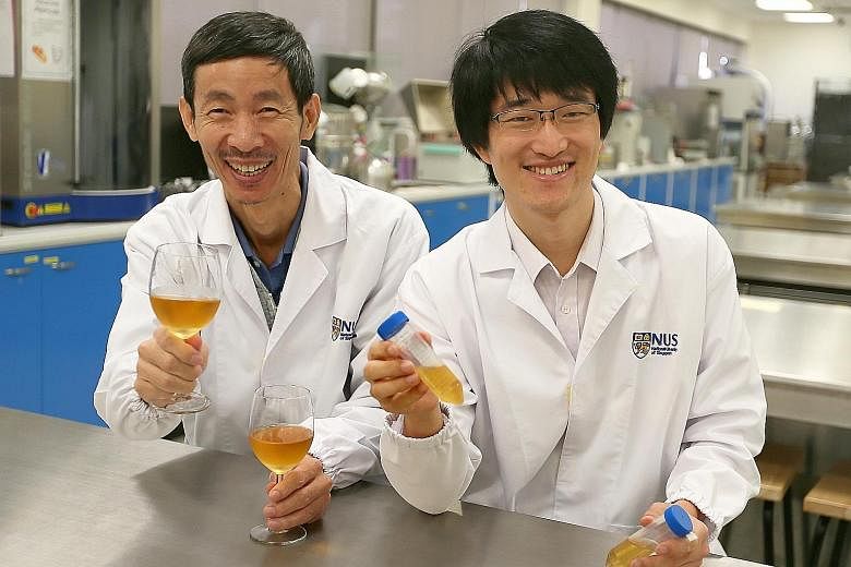 Prof Liu (left) and PhD student Lu Yu Yun are part of the NUS team experimenting with making wine from tropical fruits, such as lychee and durian. The scientists used bacterial fermentation on the fruits to see if they could "modify or enhance the fl