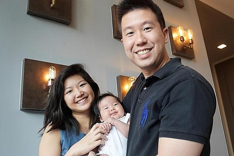 Mr Aloysius Chong, his wife Nina and their first child Hailey. The technology manager took two weeks off to be a dad just a month into his new job, thanks to a supportive boss and colleagues. Left: Ms Farah Sidek with her husband Farhan Yusoff in the