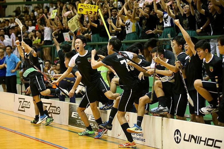 (Clockwise from above) Raffles Institution players celebrating at the final whistle for the National Schools' A Division boys' floorball final in May. They clinched their third consecutive title after edging out Meridian Junior College 2-1. Barcelona