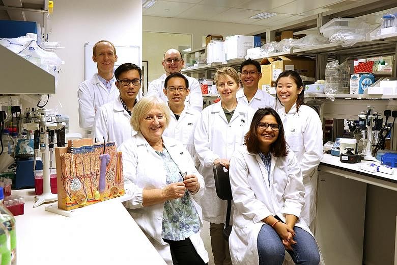 (Front row, from left) Professor Birgitte Lane and intern Ira Jain, who suffers from epidermolysis bullosa, with the scientists and researchers at the IMB lab, where they are working to find ways to treat the rare genetic skin blistering condition.