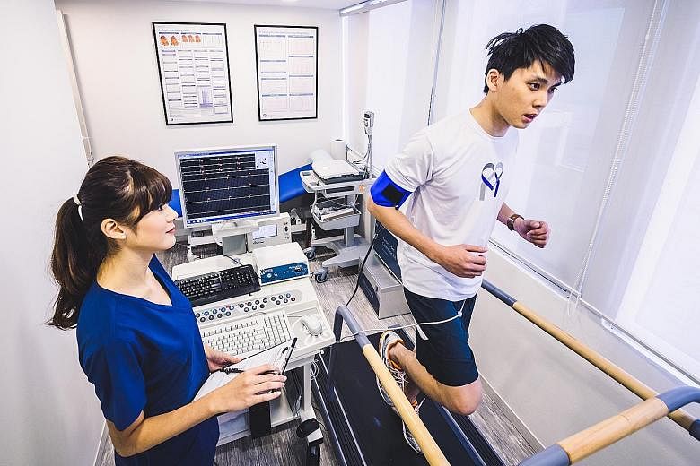 An exercise treadmill test monitors a person's heart health.