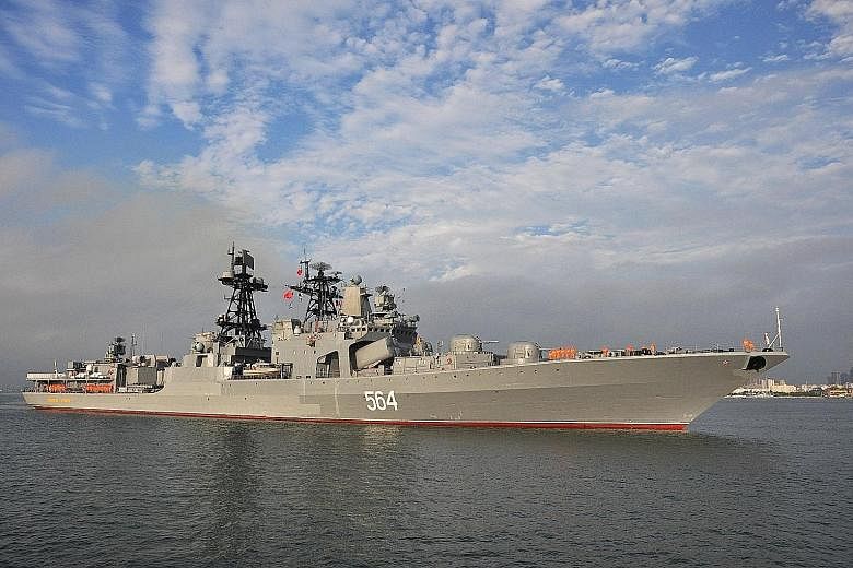 The Admiral Tributs arriving at China's Zhanjiang port last September. The Russian anti-submarine destroyer is scheduled to dock at a Manila harbour today.