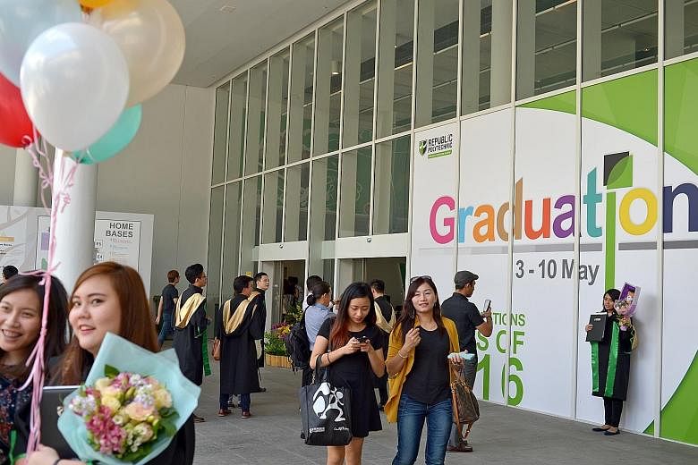 Last year's poly grads, some from Republic Polytechnic seen here on graduation day last year, had better employment rates and salaries as compared with poly grads from the year before, according to the findngs of the annual graduate employment survey