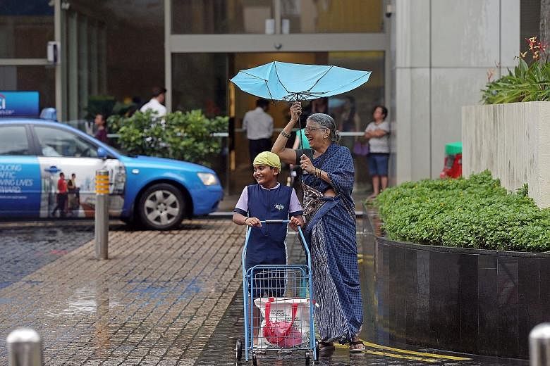 A flipped umbrella was more of a hindrance than a help, but confusion gave way to a good laugh for eight-year-old Vishal and his grandmother J. Jayalakshmi, 68. They were about to cross a road in Toa Payoh Central yesterday during an afternoon downpo