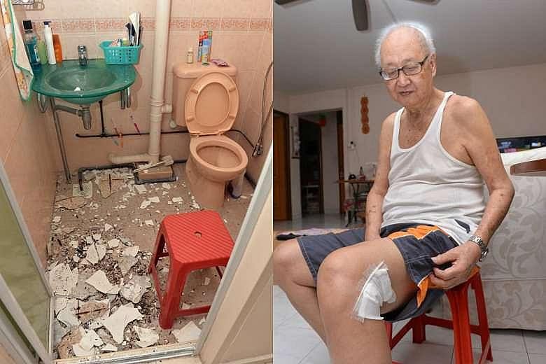 Falling pieces of concrete (far left), in a flat in Block 141 Yishun Ring Road, left an 80-year-old man (left) with surface lacerations last Friday. The man's daughter, who owns the flat, has agreed to take up HDB's offer of help with the repair cost