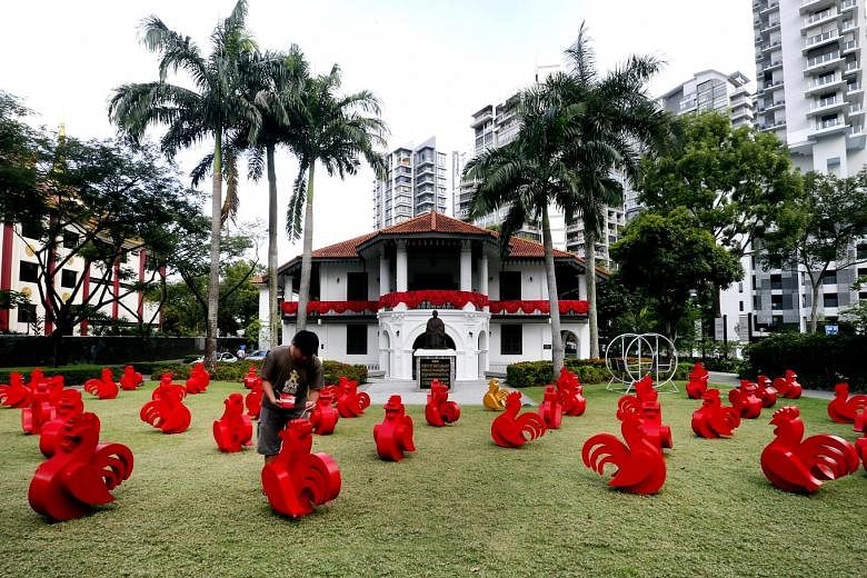 An art installation that features 52 red roosters scattered across the lawn will welcome the Year of the Rooster at the Sun Yat Sen Nanyang Memorial Hall in Balestier. Each rooster piece is about 80cm tall, and will be on display until Feb 11 to mark